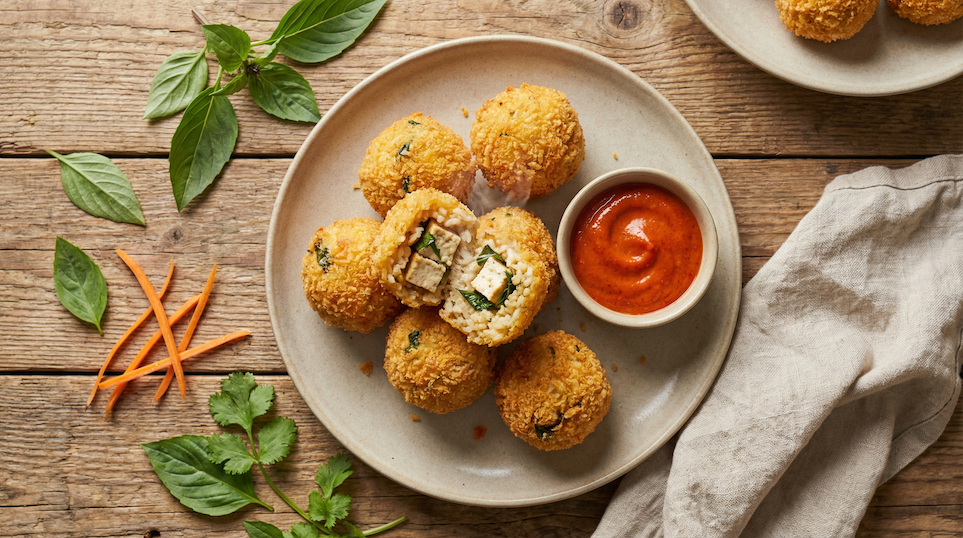 Smažené rýžové kuličky plněné thajskou bazalkou a tofu