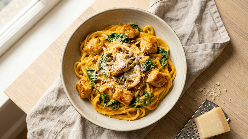 Krémové dýňové těstoviny s kuřetem a špenátem