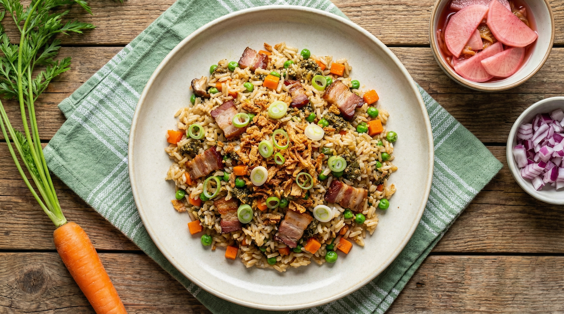 Rychlá smažená rýže s uzeným bůčkem nebo slaninou a shiitake pestem