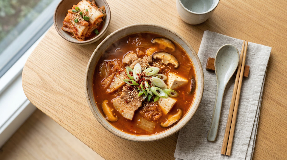 Kimchi polévka s bůčkem, tofu a shiitake