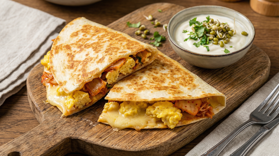 Quesadilla bez masa s krémovými vejci, kimchi a sýrem