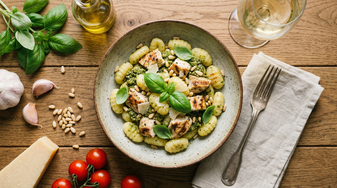 Gnocchi s kuřecím masem a bazalkovým pestem
