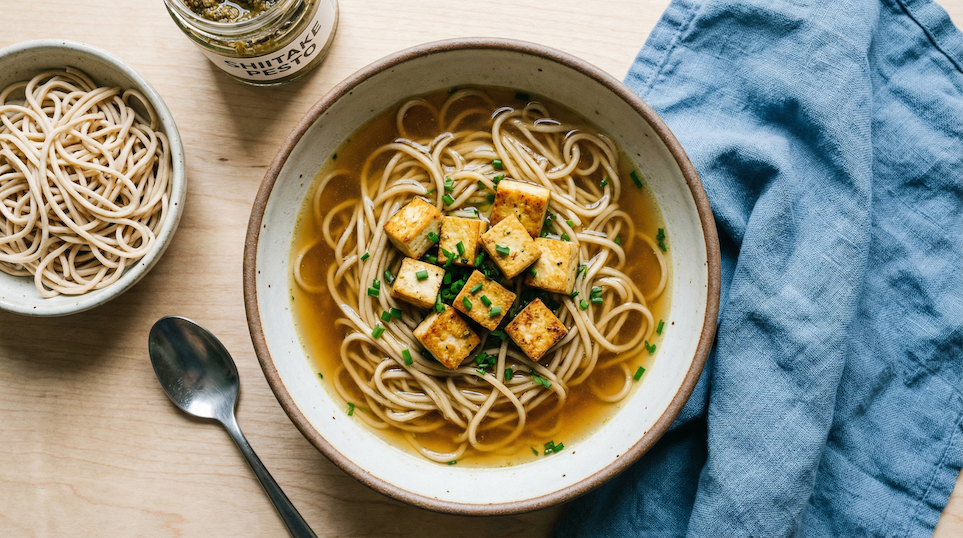 Rychlá miska s nudlemi, tofu a shiitake pestem