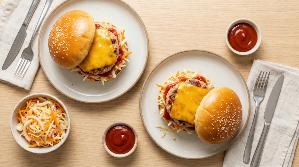 Šťavnatý krůtí burger s cheddarem, kečupem a křupavou čalamádou