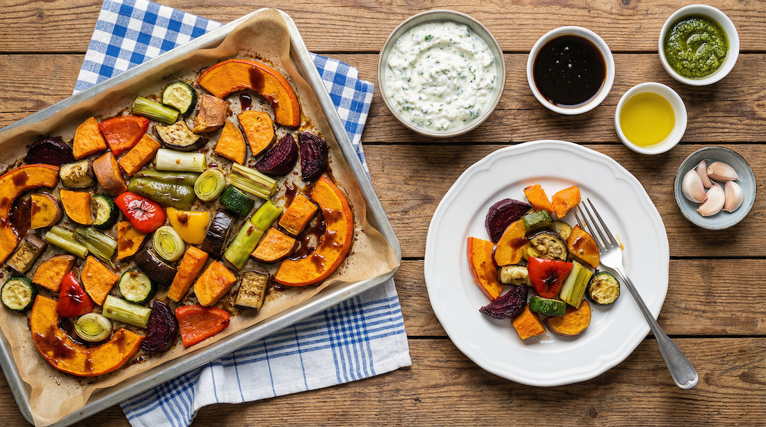 Glazovaná zelenina s bylinkovým cottage dipem