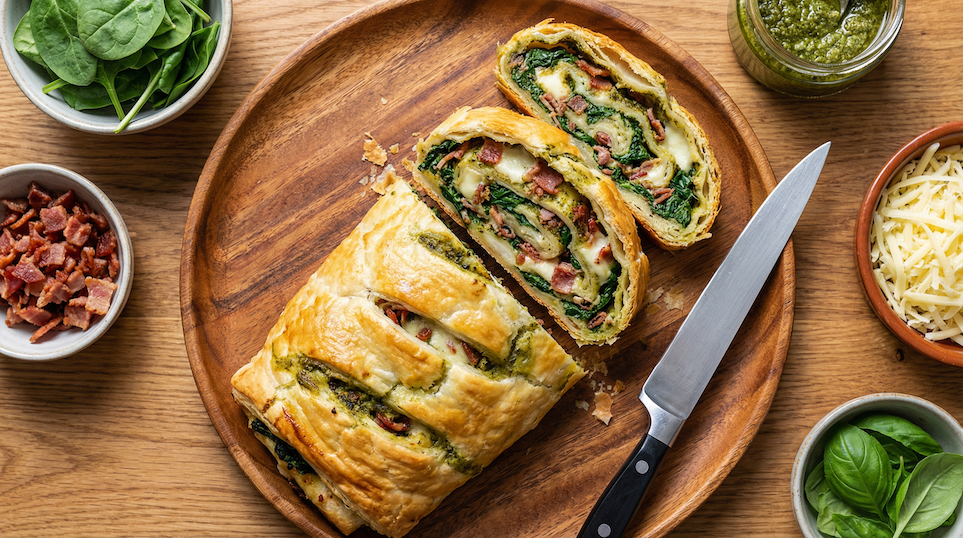 Slaný štrůdl se špenátem, slaninou a bazalkovým pestem