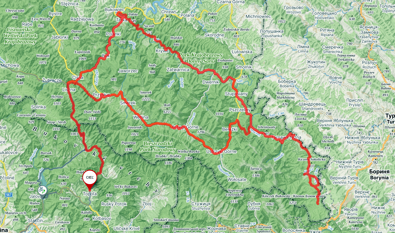 Bieszczady - mapa bikepackingového okruhu