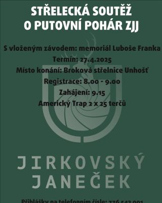 Přijďte si zasoutěžit o putovní pohár ZJJ 🎯 Kdy? 27.4.2025 Kde? Broková střelnice Unhošť Co? Americký trap 2x25 terčů Tak...