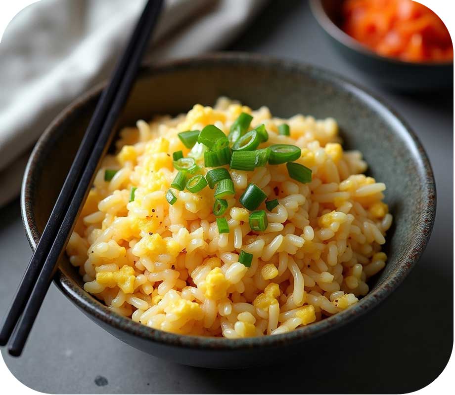 Smažená rýže s vejci, jarní cibulkou a kimči