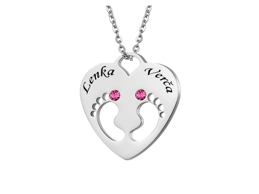 Náhrdelník pro maminku z chirurgické oceli - dětské nožičky v srdíčku s růžovými krystaly Swarovski