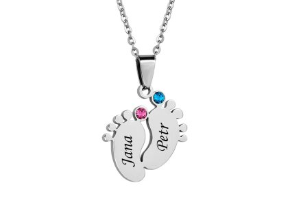 Náhrdelník pro maminku z chirurgické oceli - dětské nožičky s modrými a růžovým krystalem Swarovski