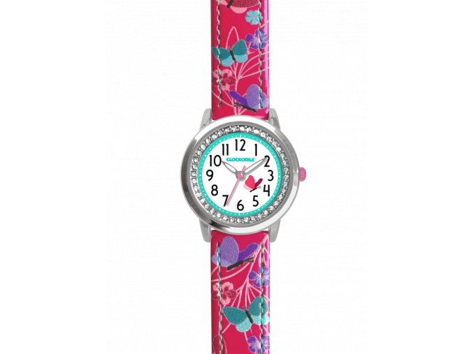 Dívčí hodinky růžové s barevnými motýlky a kamínky CLOCKODILE