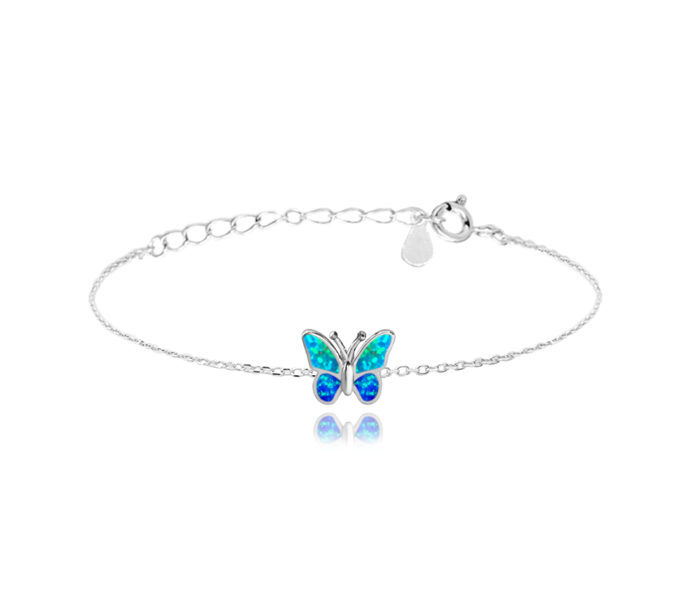 Dětský stříbrný náramek - motýlek s modrým opálem, délka 14+3 cm