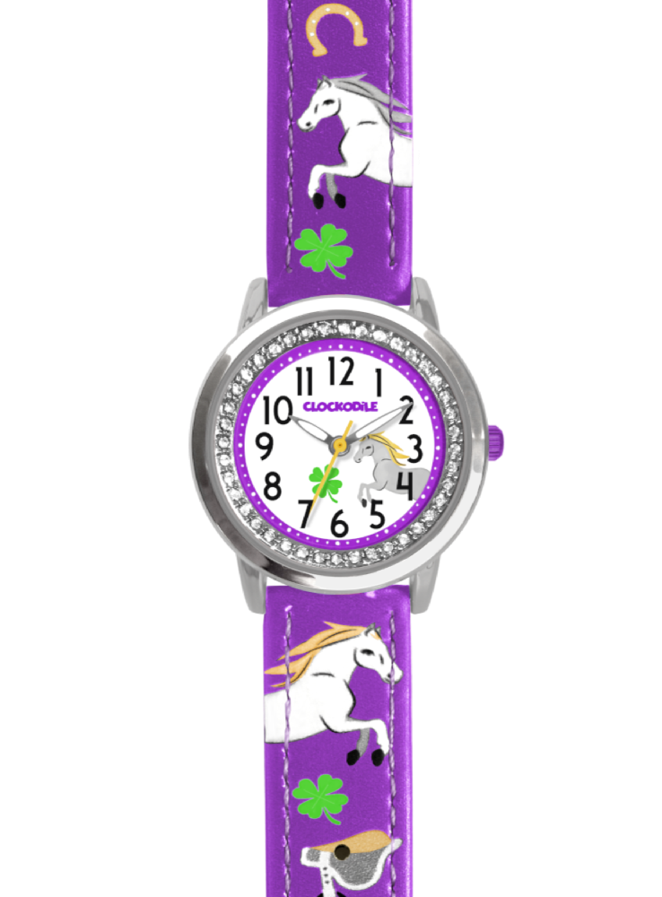 Dívčí hodinky fialové s kamínky a koníky CLOCKODILE