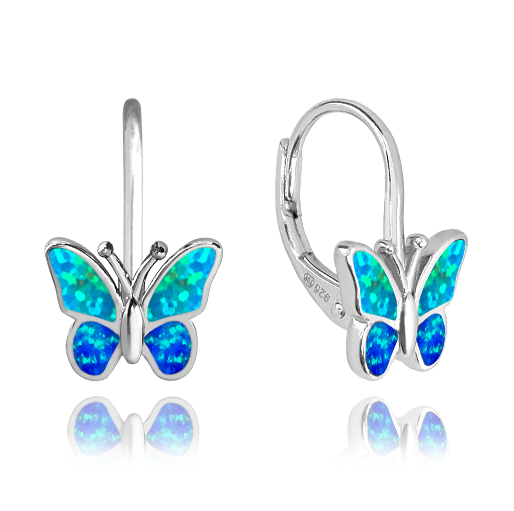 Dětské stříbrné náušnice - motýlci s modrým opálem