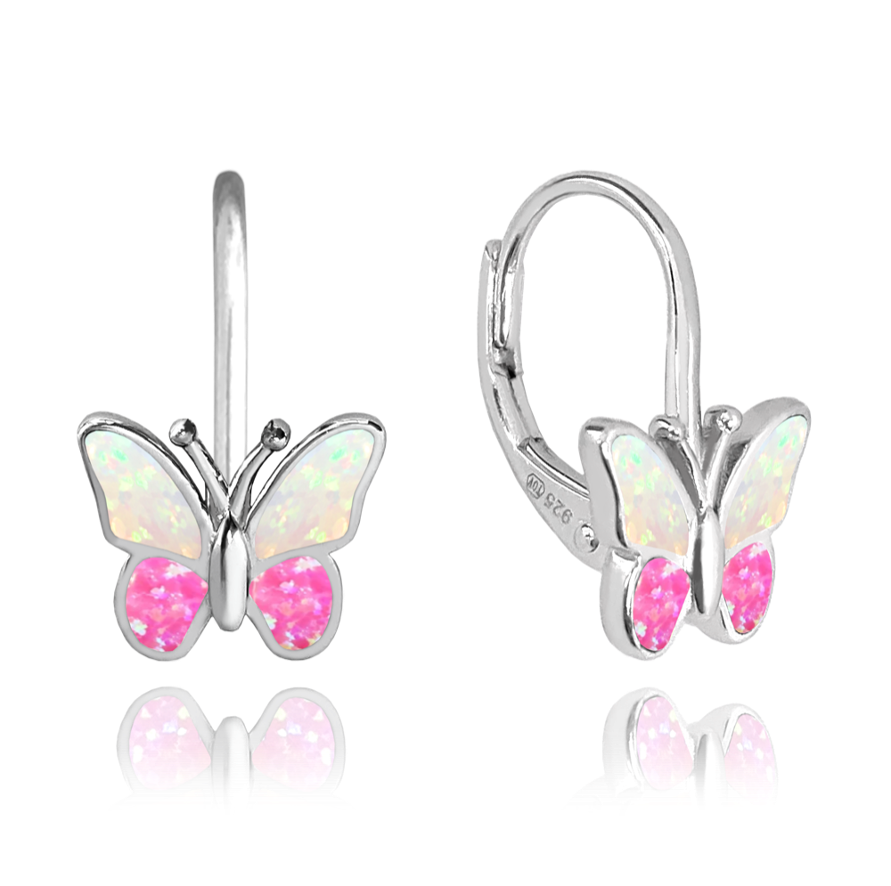 Dětské stříbrné náušnice - motýlci s růžovým opálem