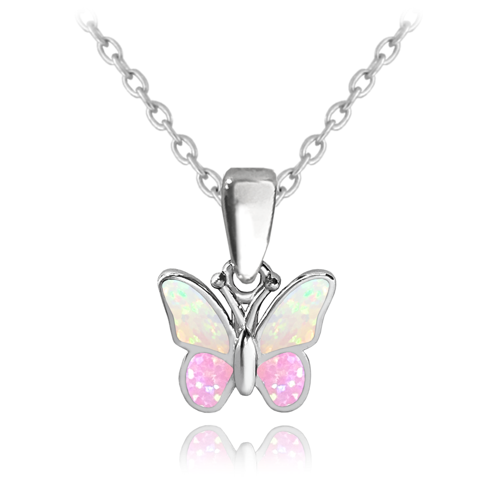 Dětský stříbrný náhrdelník s motýlkem z růžového opálu