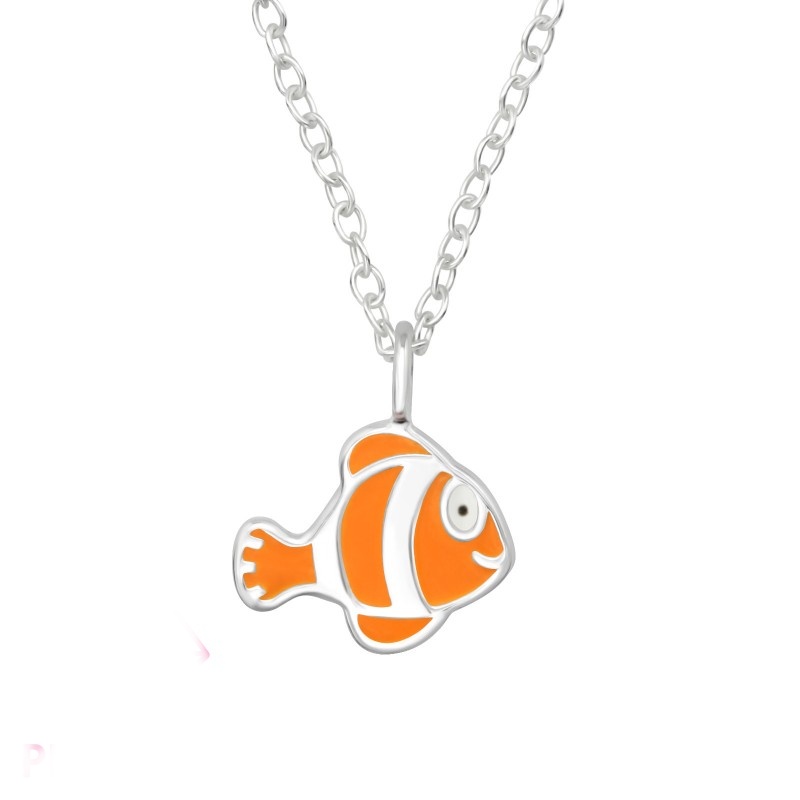 Dětský stříbrný přívěsek s řetízkem - oranžová rybička