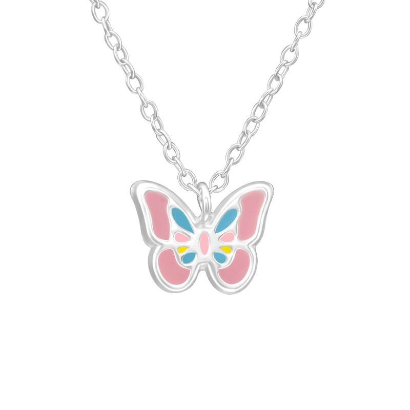 Dětský stříbrný přívěsek s řetízkem - motýlek s barevnými kamínky