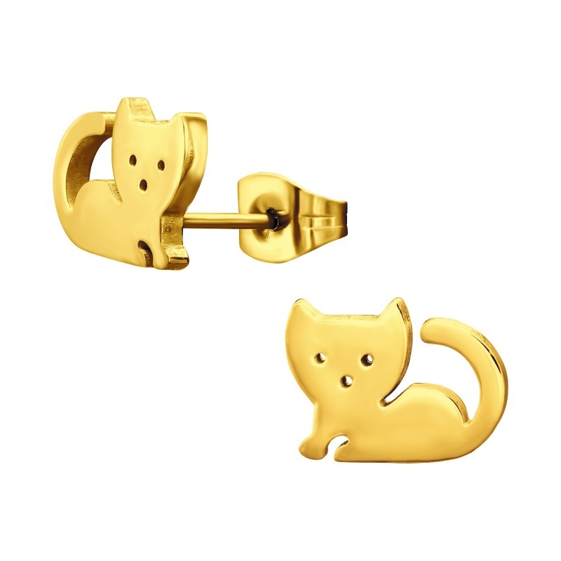 Ocelové náušnice - pozlacené kočičky