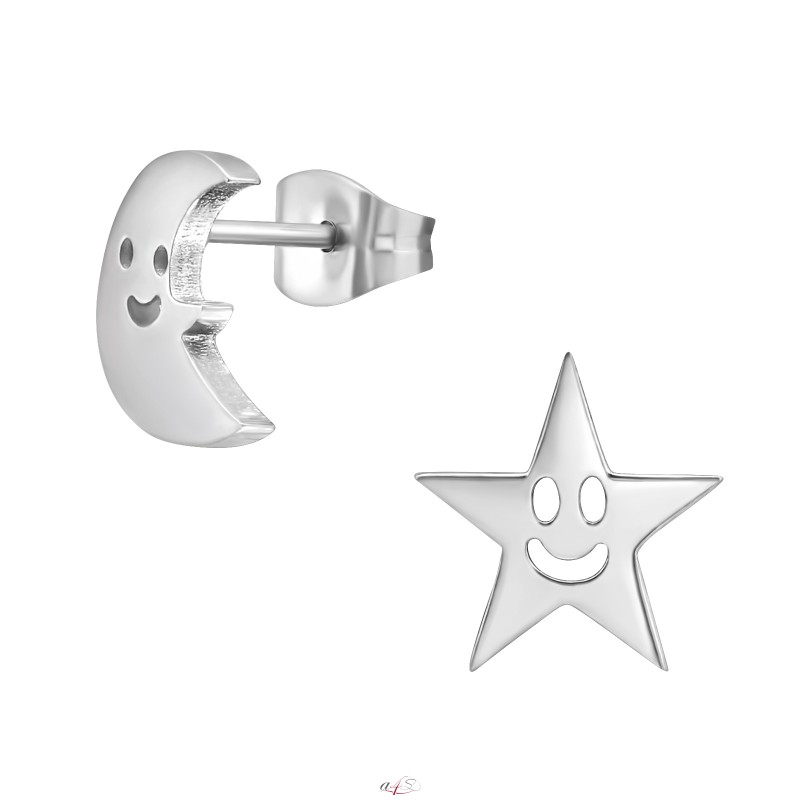 Ocelové náušnice - hvězdička a měsíček