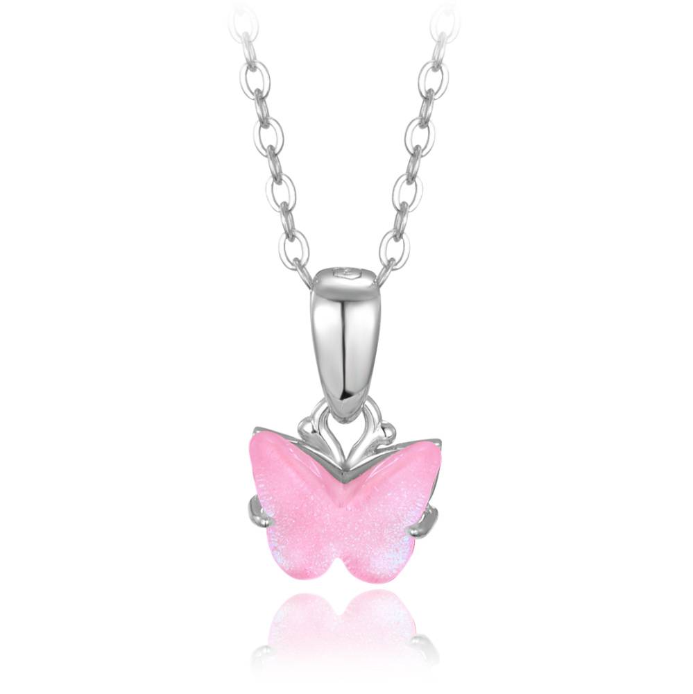 Stříbrný dětský náhrdelník s růžovým motýlkem