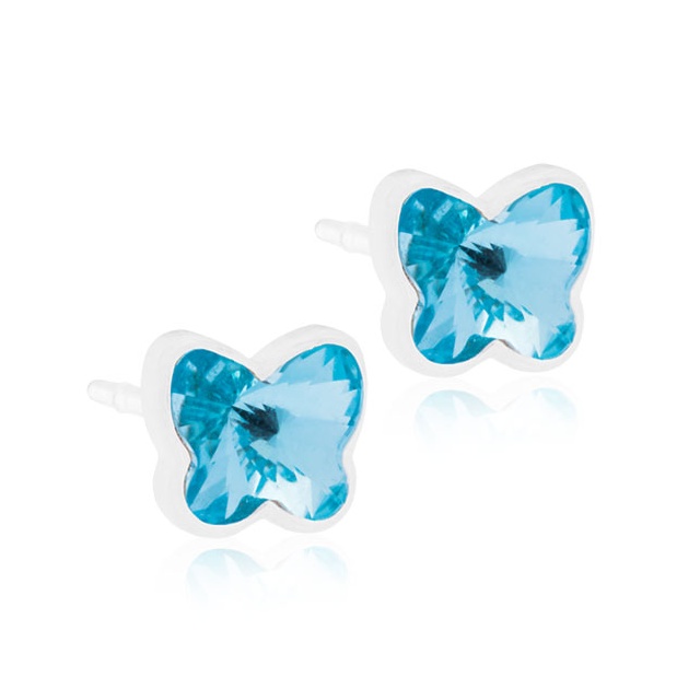 Dětské náušnice motýlci z lékařského plastu - se světle modrými krystaly Swarovski