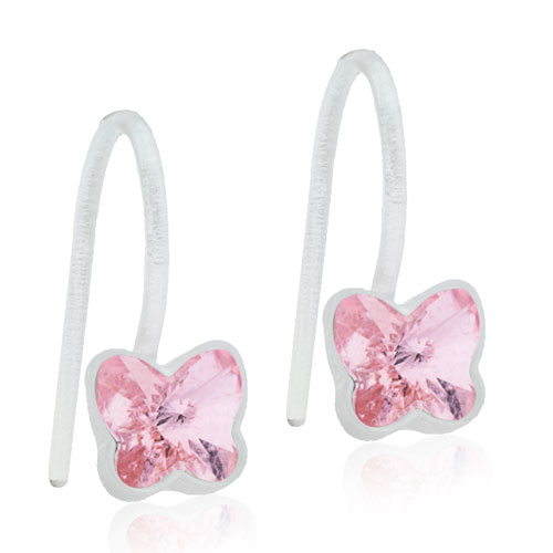 Dětské závěsné náušnice kytičky z lékařského plastu - motýlci s růžovými krystaly Swarovski