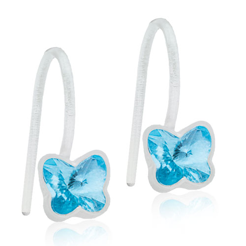 Dětské závěsné náušnice z lékařského plastu - motýlci s modrými krystaly Swarovski