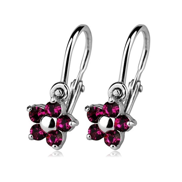 Dětské náušnice - stříbrné kytičky Fuchsia, Swarovski® elements