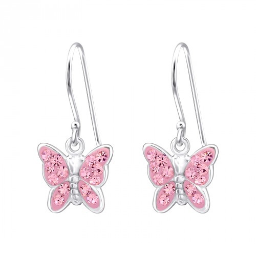 Stříbrné závěsné náušnice s růžovým motýlkem