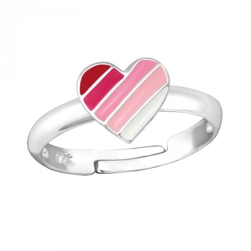 Stříbrný dětský prsten - srdíčko s růžovými proužky