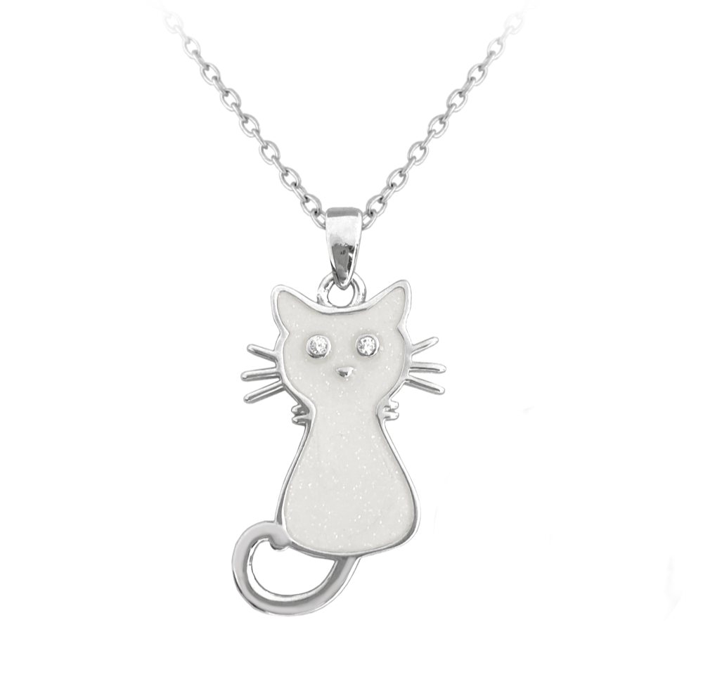 Stříbrný dětský náhrdelník se svítící bílou kočičkou