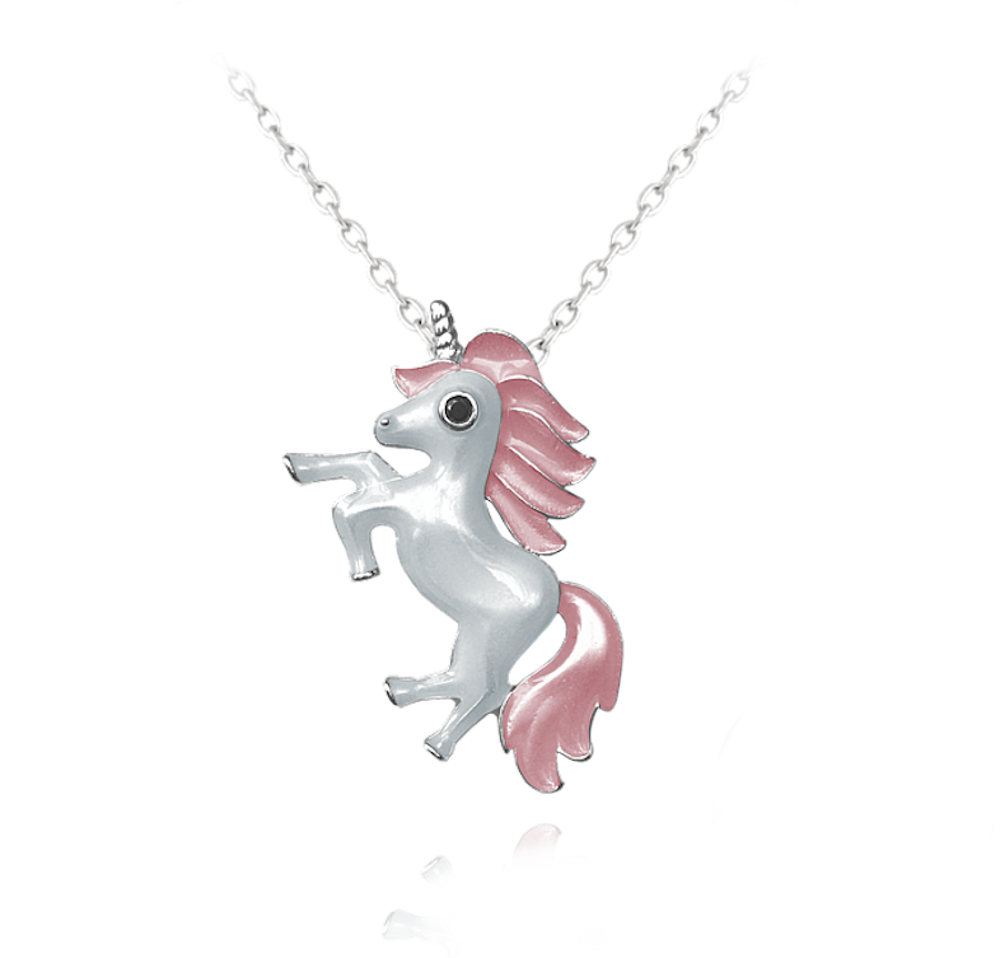 Stříbrný dětský náhrdelník se svítícím růžovým jednorožcem