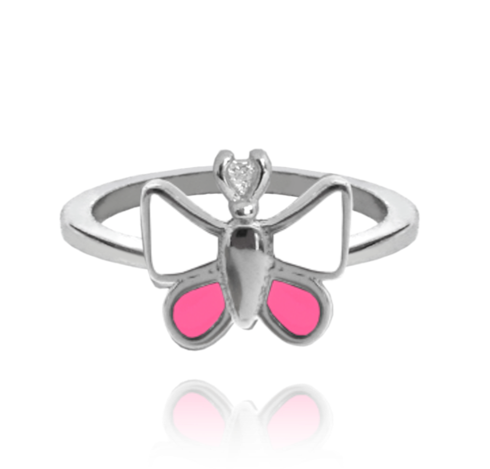 Stříbrný dětský prsten s růžovo-bílým motýlkem Velikost: 42 cm