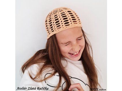 čepice, skull, háčkovaná, meruňková 3