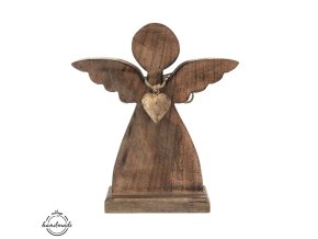 Anděl dřevo MANGO srdce kov v. 30,5 cm