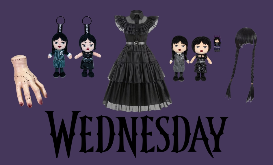 Wednesday Addams produkty, šaty, ruka, plyšák, klíčenka, paruka