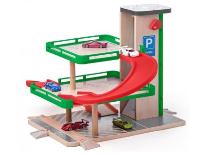 Woody Garáž s výtahem a SIKU autíčky, materiál dřevo/plast  + DÁREK: SIKU - Zelený traktor