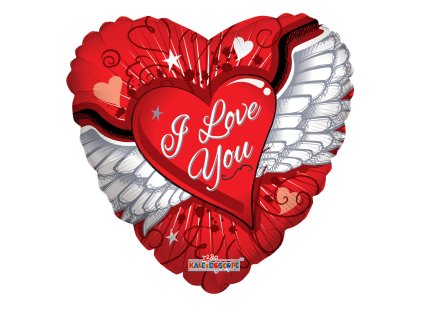 Fóliový balónek srdce 46cm I love you s křídly