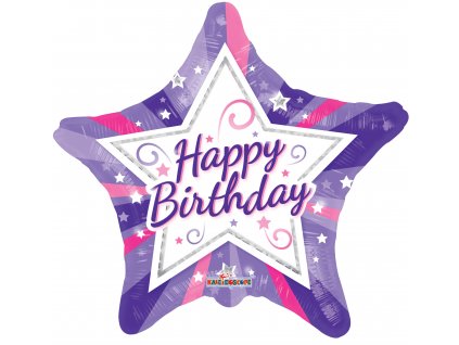 46 cm fóliový balónek - Hvězda Happy Birthday fialová