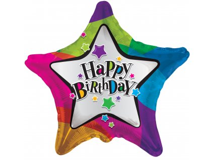 46cm fóliový balónek - Hvězda Happy Birthday barevná