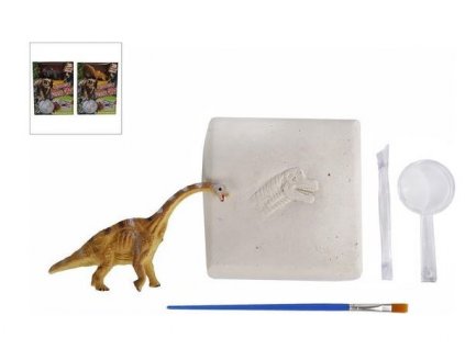 Dinosaurus 12 cm a zkamenělina v sádře s dlátem