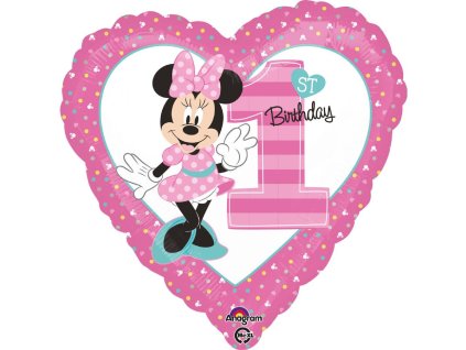 45 cm fóliový balónek srdce - 1st Birthday Minnie