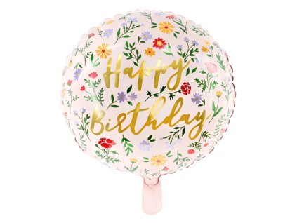 35 cm fóliový balónek kulatý - Happy Birthday - Luční kvítí