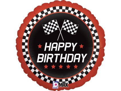 Foliový balónek 35cm kulatý HAPPY BIRTHDAY téma auto revue červeno-černý