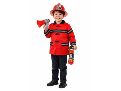 Malý hasič s megafonem a hasičským přístrojem