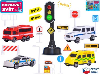 Sada aut 4ks 7cm s dopravními značkami a semaforem na baterie se světlem v krabičce