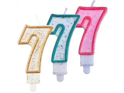 Svíčka na dort třpytivá 7 tři barvy 1ks
