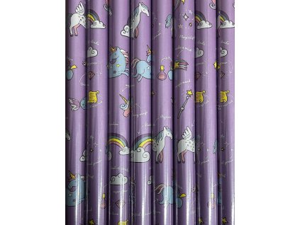 Balící papír - Jednorožci - světle fialová 300 x 70 cm